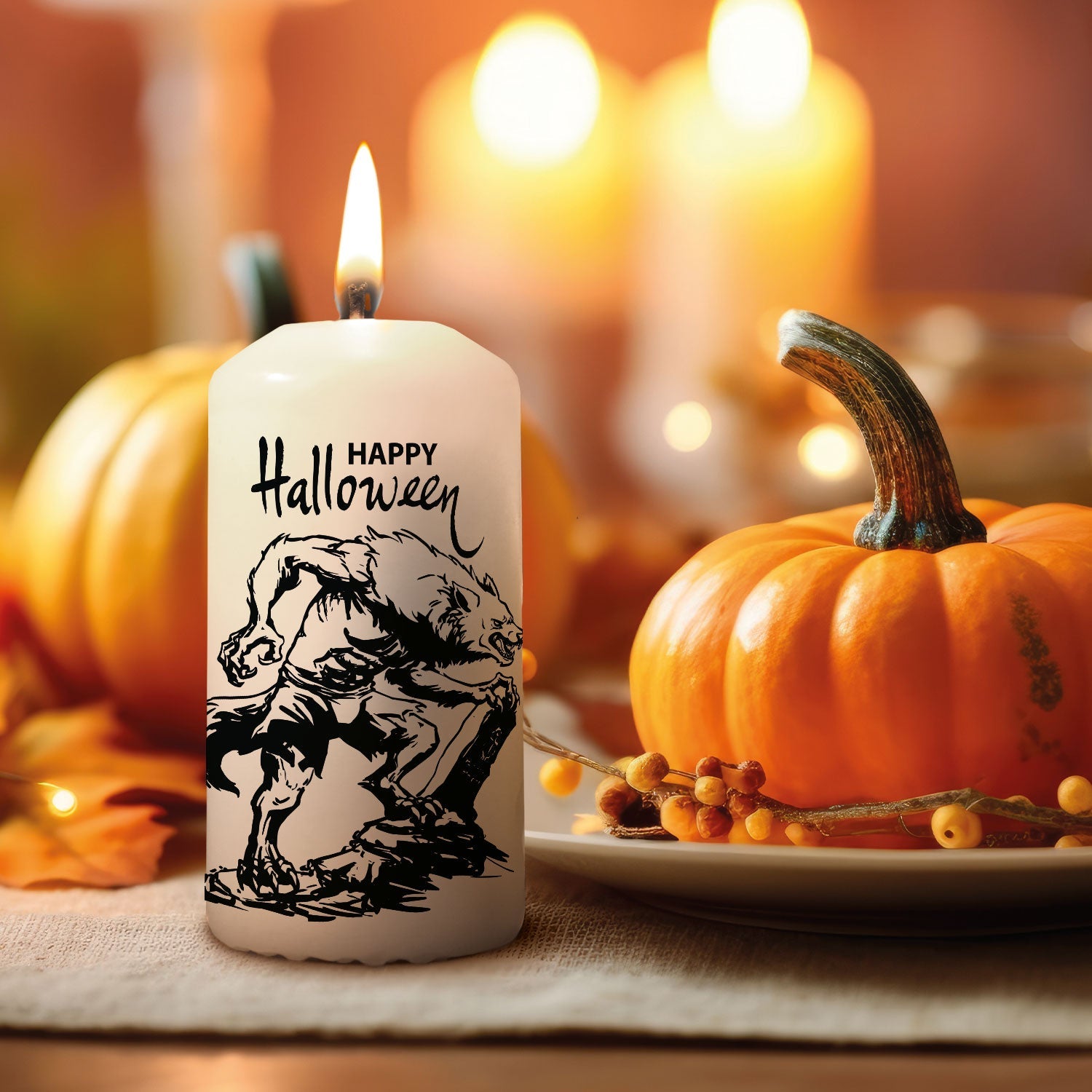 Halloween-kaars met weerwolfmotief in sfeervolle spooky-season-decoratie