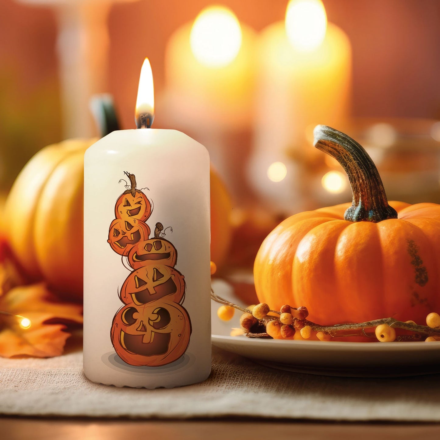 Pompoenstapel-kaars gecombineerd met herfstige Halloween-decoratie