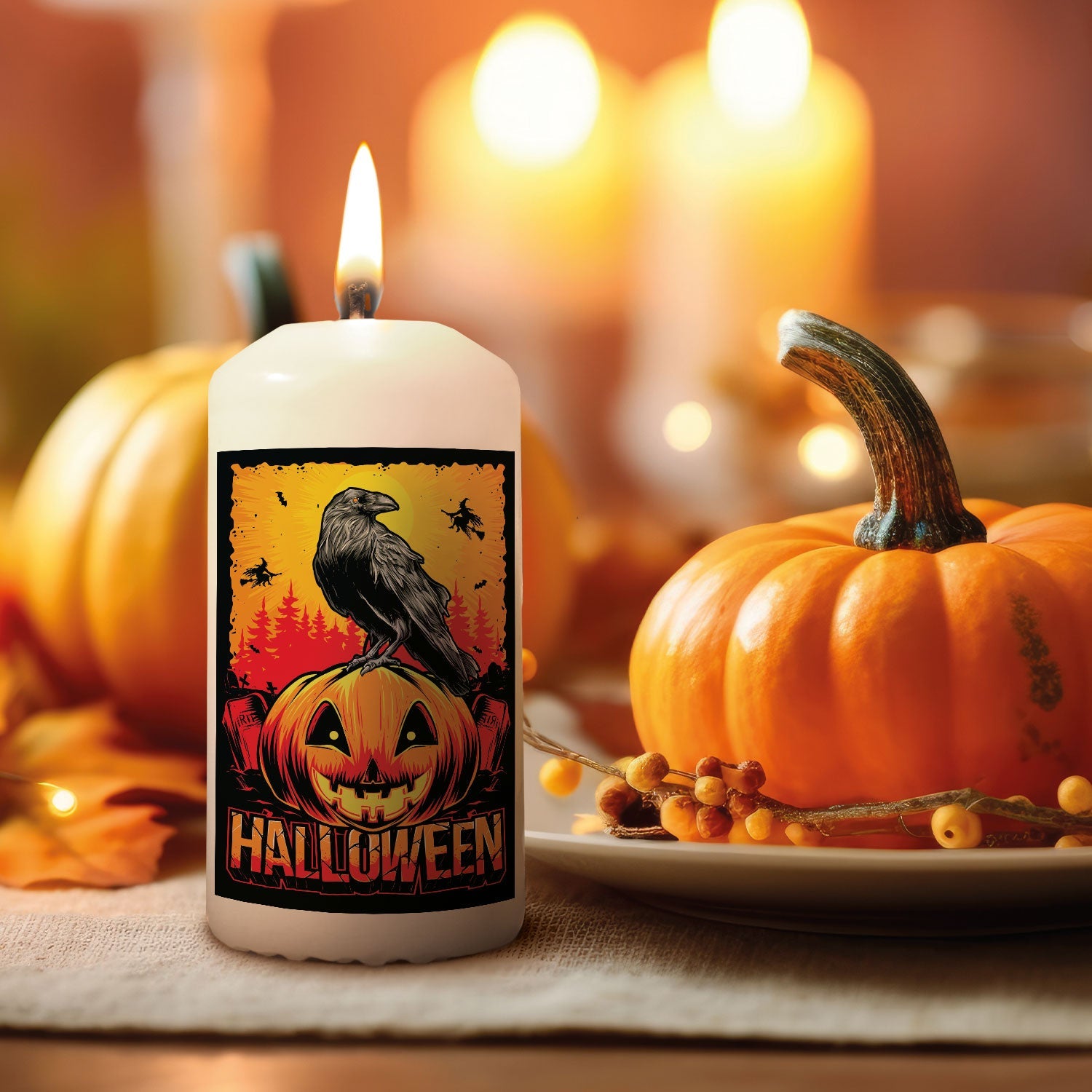 Kaars Raaf & Pompoen in herfstige Halloween-decoratie