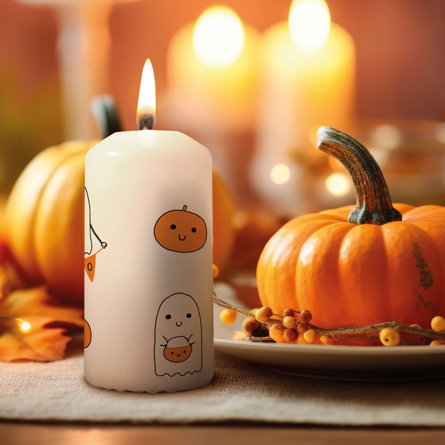 Geesten-kaars in lichte Halloween-decoratie met pompoenaccenten