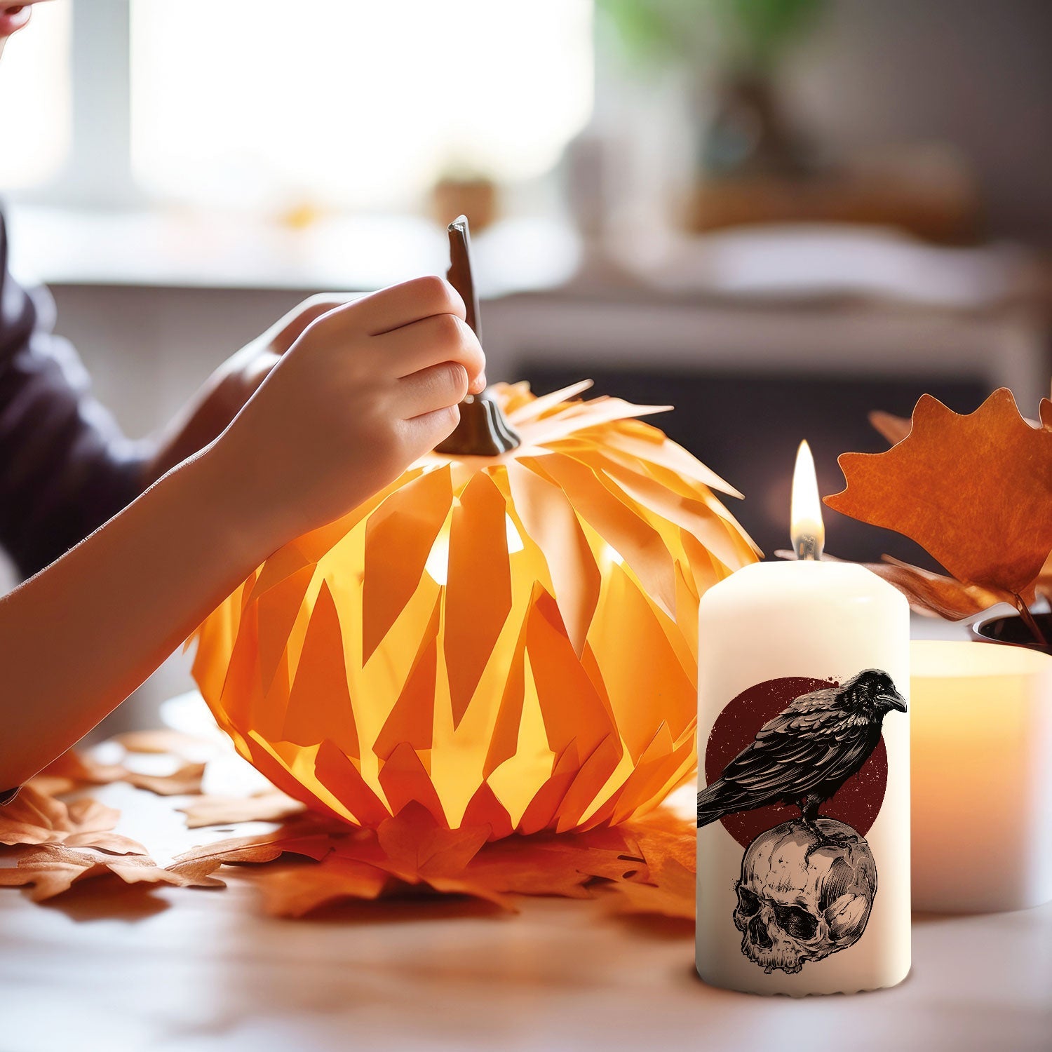 Gepersonaliseerde raafkaars als donker Halloween-lichtaccent
