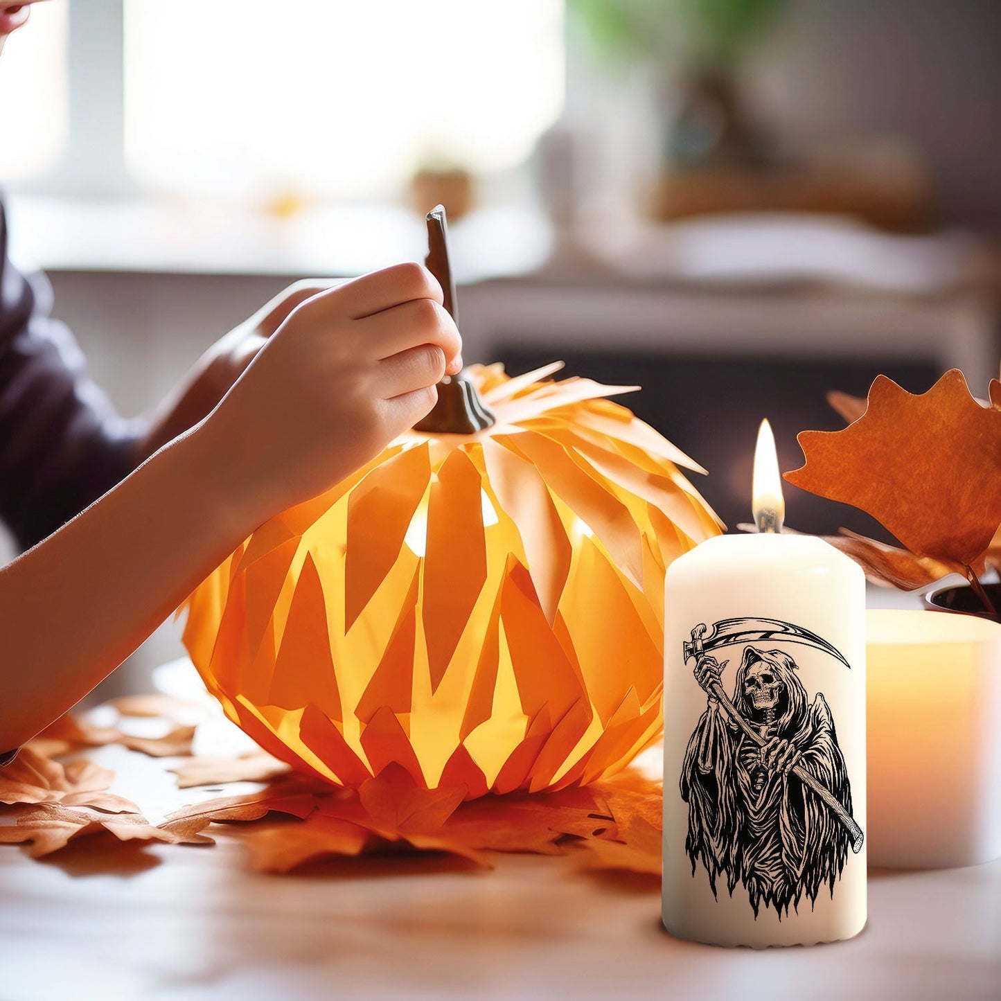 Gepersonaliseerde Grim Reaper-kaars als Halloween-lichtaccent