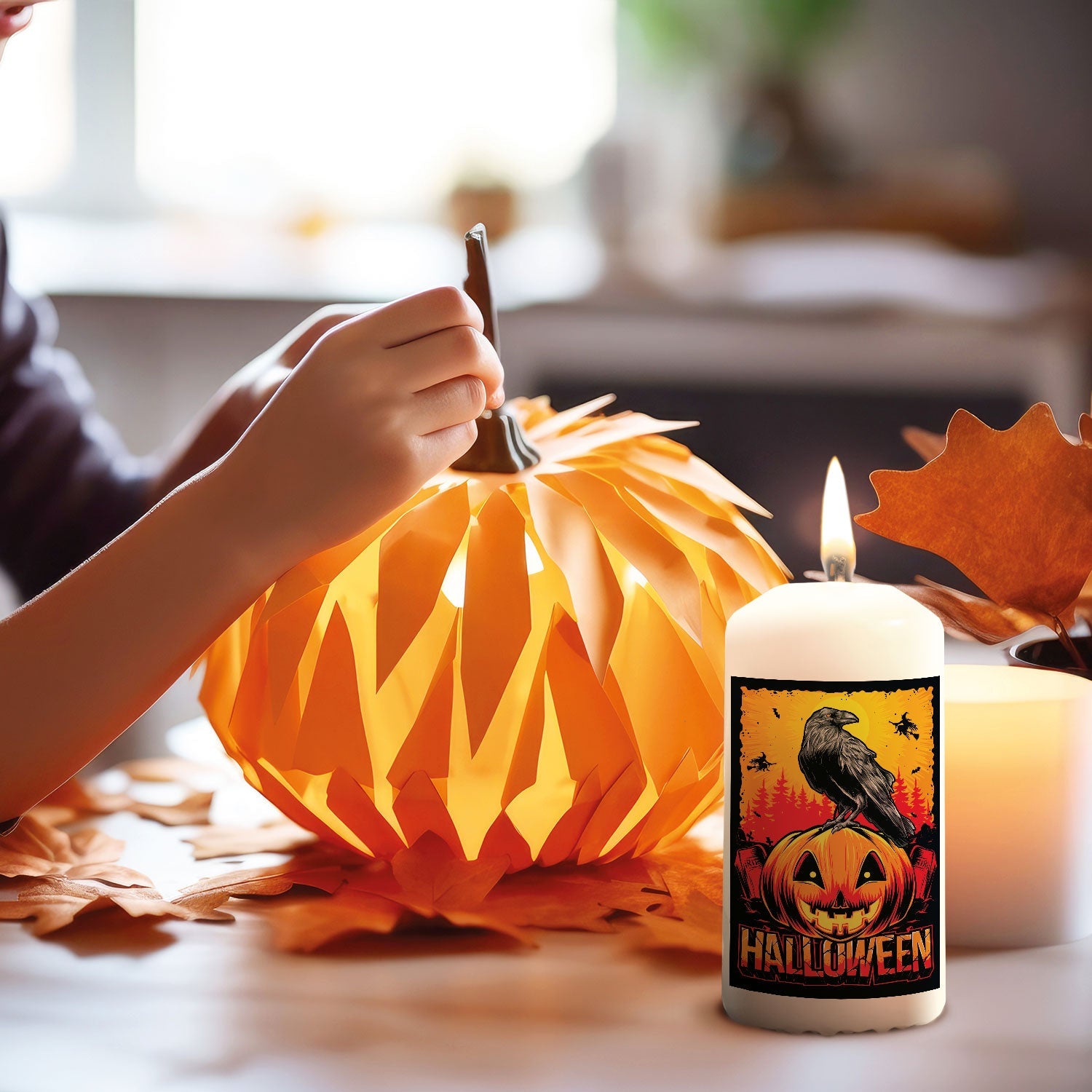 Halloween-kaars met raaf en pompoen als tafeldecoratie