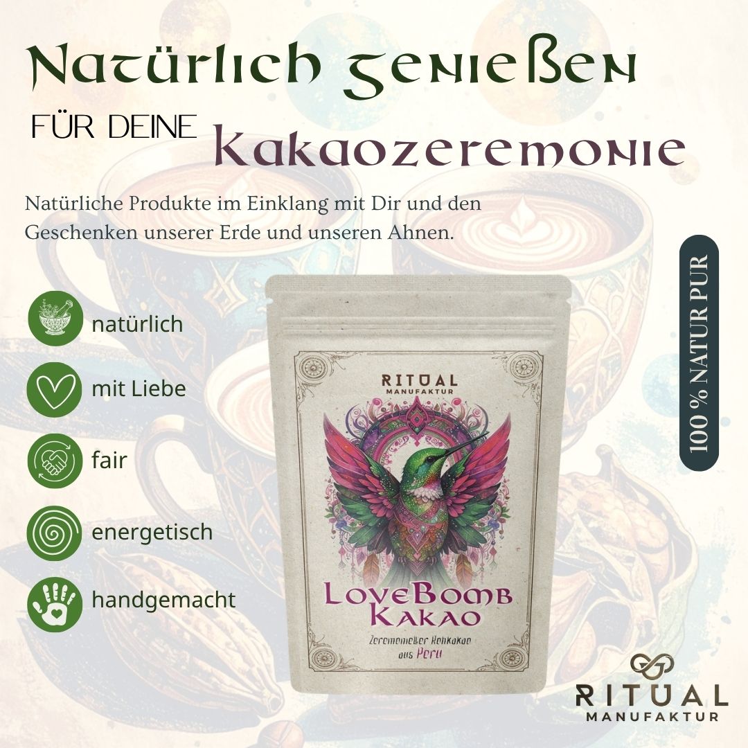 LoveBomb Rohkakao aus Peru – Verpackung und Produktdetails