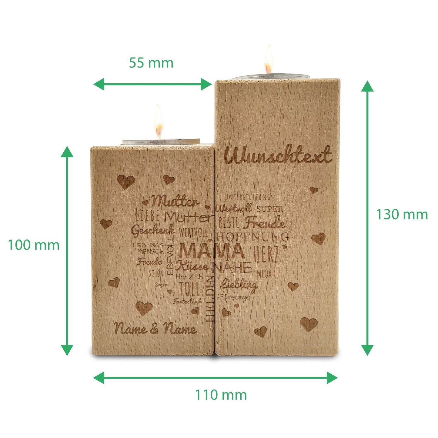 Teelichthalter-Set „Namensherz Mama“ – Produktansicht