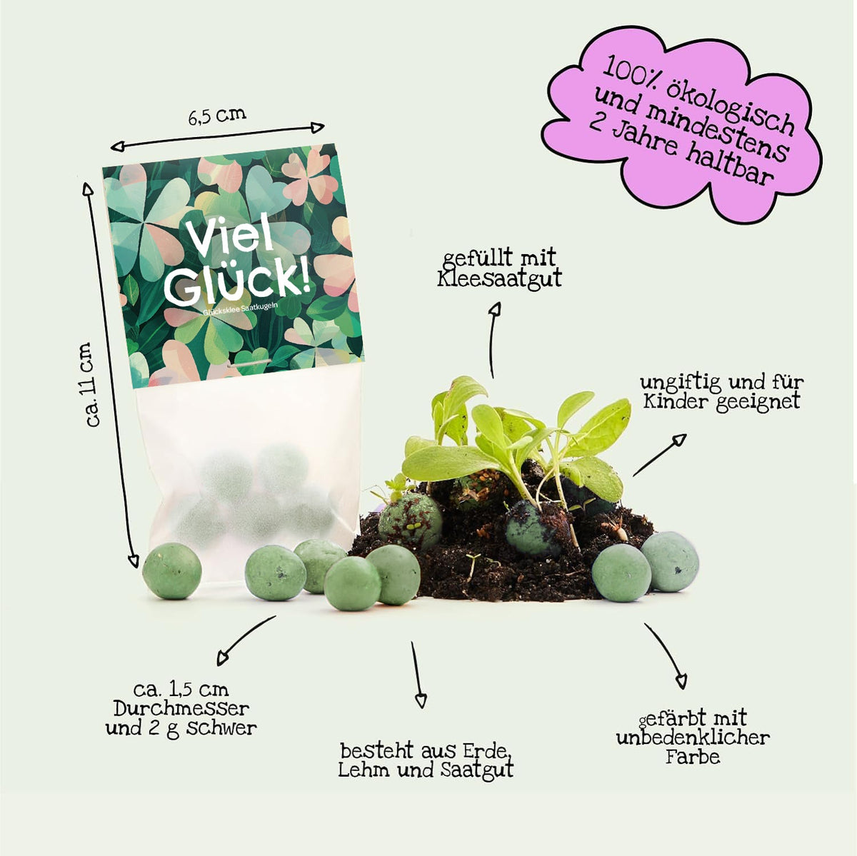 10×5 Blumenmurmeln „Viel Glück“ – Kleeblattmuster