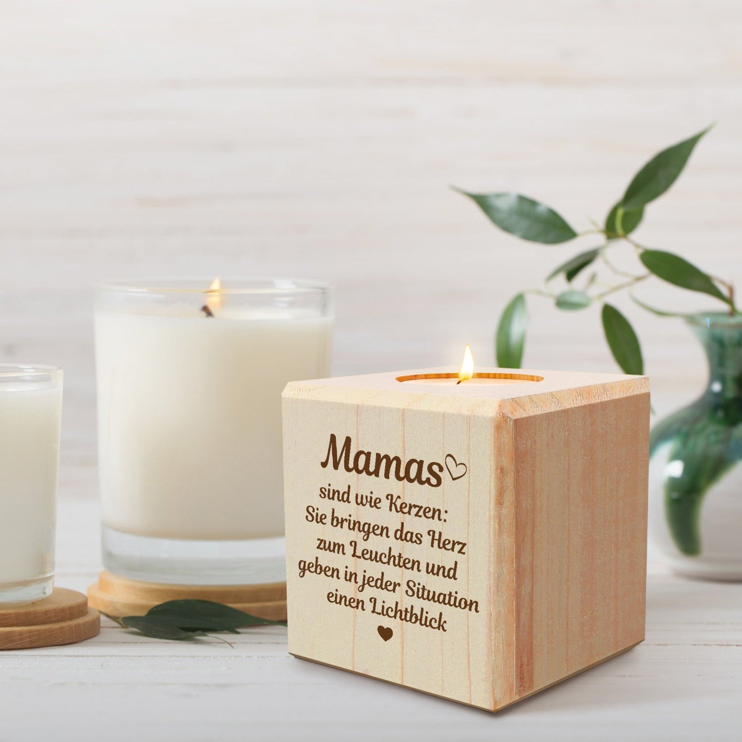 Teelichthalter „Mamas sind wie Kerzen“ aus Holz – Holz- und Motivansicht