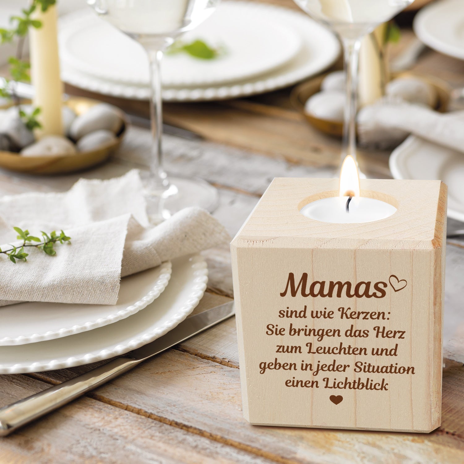 Teelichthalter „Mamas sind wie Kerzen“ aus Holz – Hauptansicht