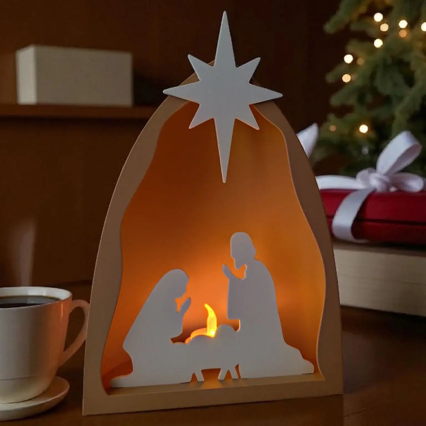 Moderne Krippenszene in schlichtem Design für Weihnachtsdeko