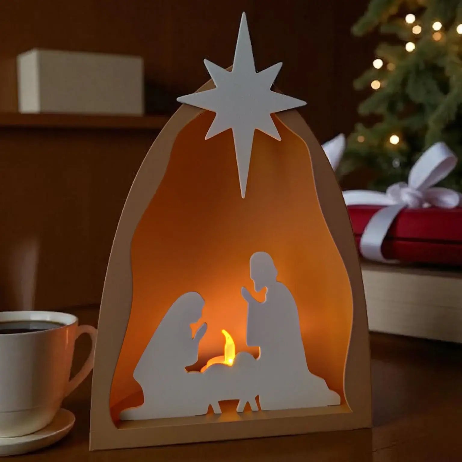 Moderne Krippenszene in schlichtem Design für Weihnachtsdeko