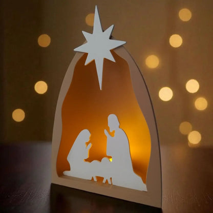 Moderne Weihnachtskrippe für Advent und Weihnachten mit sanftem Licht