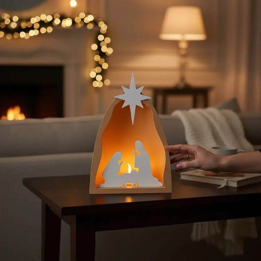 Weihnachtskrippe mit Licht für symbolische und reduzierte Deko
