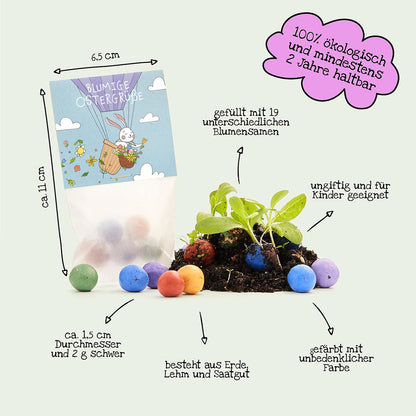 Blumige Ostergrüße – 10 Tütchen mit 50 Saatkugeln – Produktinformationen und Inhaltsangaben