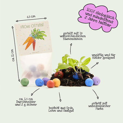 10 Oster-Tütchen „Frohe Ostern“ mit 50 Saatkugeln – Produktinformationen und Inhaltsangaben