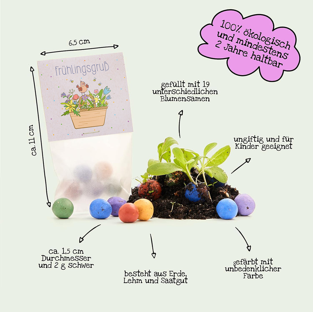 10 Frühlingsgrüße mit je 5 Wildblumen-Saatkugeln – Produktinformationen und Inhaltsangaben
