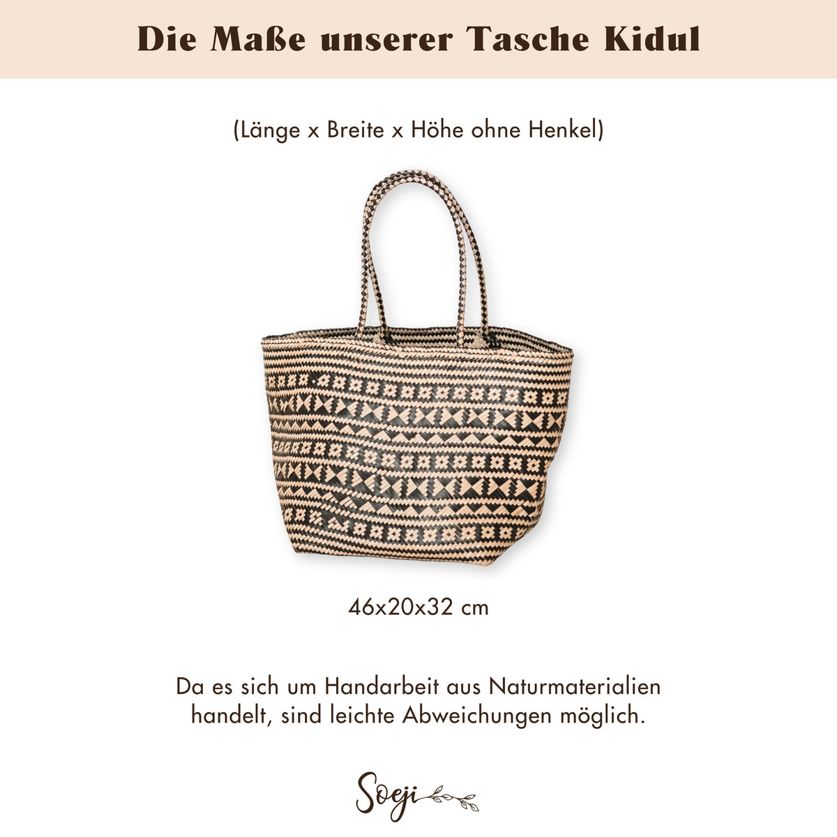 Größen- und Maßübersicht für Soeji Handtasche KIDUL (schwarz) aus Seegras