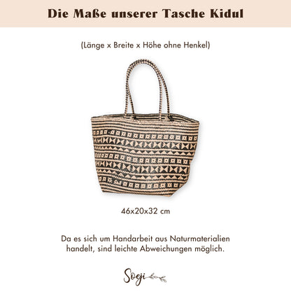 Größen- und Maßübersicht für Soeji Handtasche KIDUL (schwarz) aus Seegras