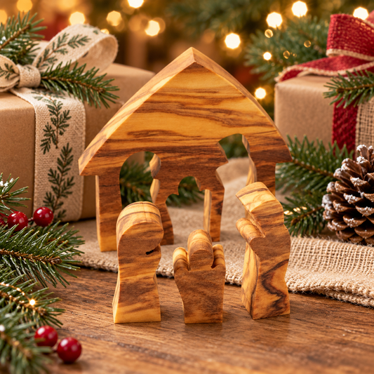 Handgefertigte Mini-Krippe aus Olivenholz als natürliche Weihnachtsgeschenkidee mit festlicher Dekoration