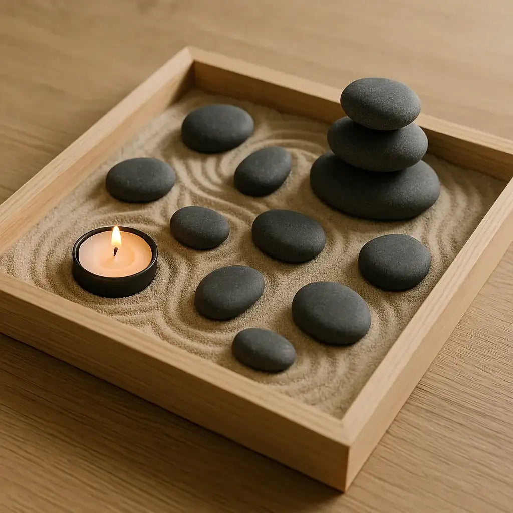 Handgemachte Zen-Steine in Pastellgrau und Weiß für Mini-Zen-Garten