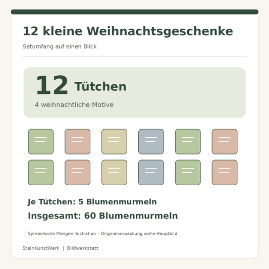 12 Weihnachts-Tütchen zu je 5 Blumenmurmeln – 60 Saatkugeln insgesamt, schematische Mengenübersicht