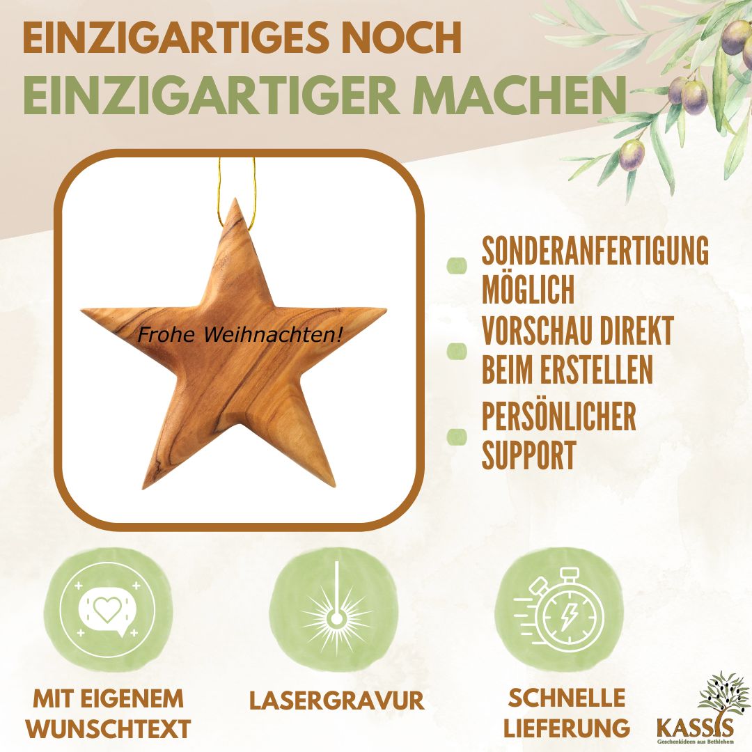 Olivenholz-Weihnachtsstern mit Gravur – 8 cm – weitere Produktansicht 6 von 10