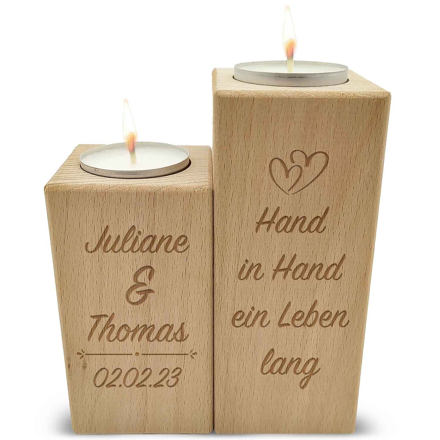 Teelichthalter-Set Hand in Hand – Vorschau mit Name und Datum