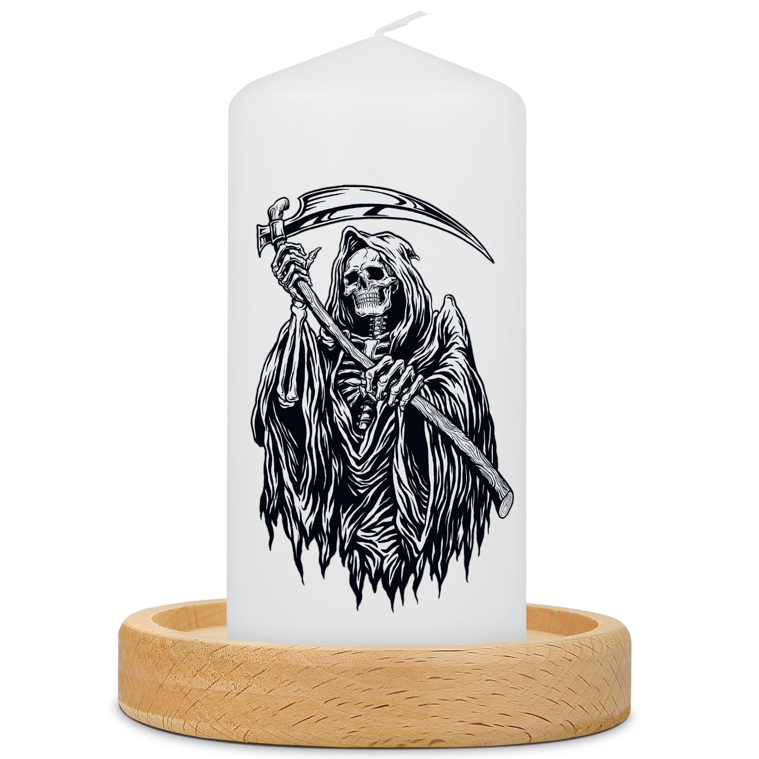 Gepersonaliseerde Grim Reaper Halloween-kaars met kaarsenbordje