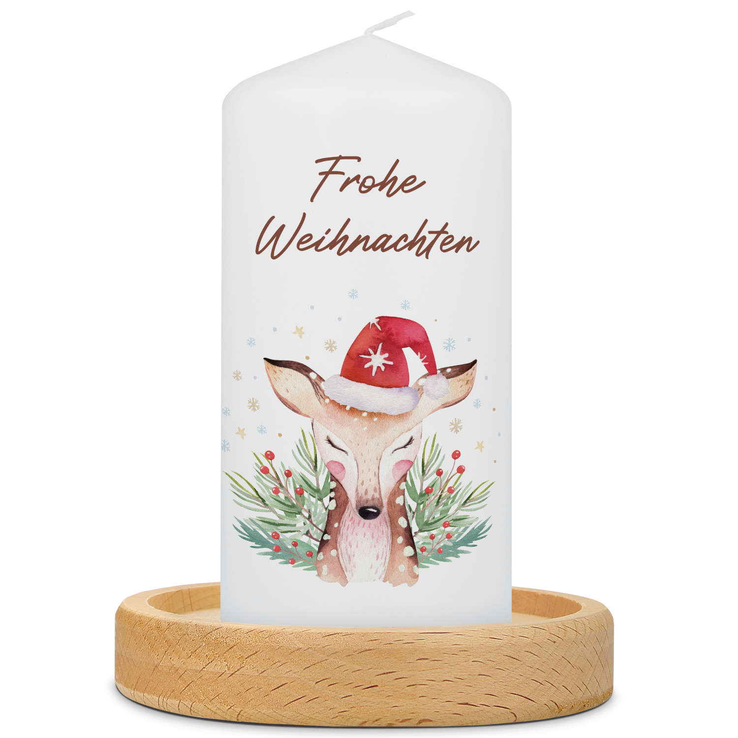 Kleine Weihnachtskerze „Reh“ auf Teller – Produktansicht der kompakten Stumpenkerze