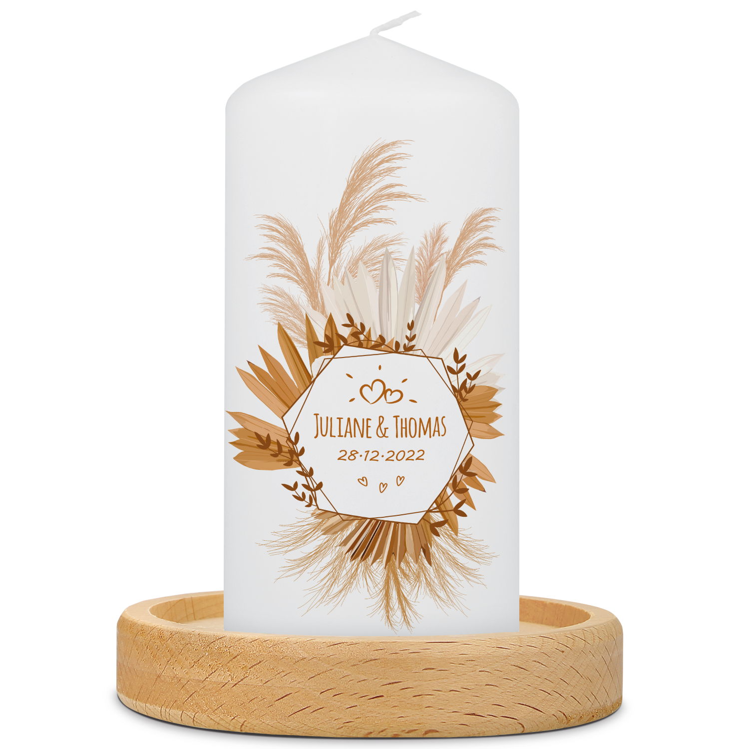 Personalisierte kleine Hochzeitskerze „Tropical Pampasgras“ – Hauptansicht