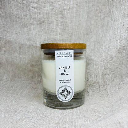 Verdancia Vanille und Holz – Kerzenglas und Etikett im Detail