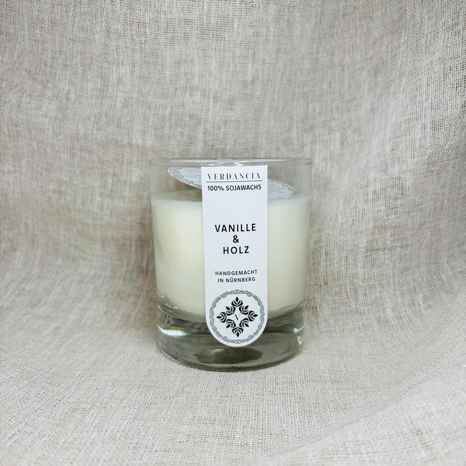 Verdancia Original Vanille und Holz – Nahaufnahme der Duftkerze