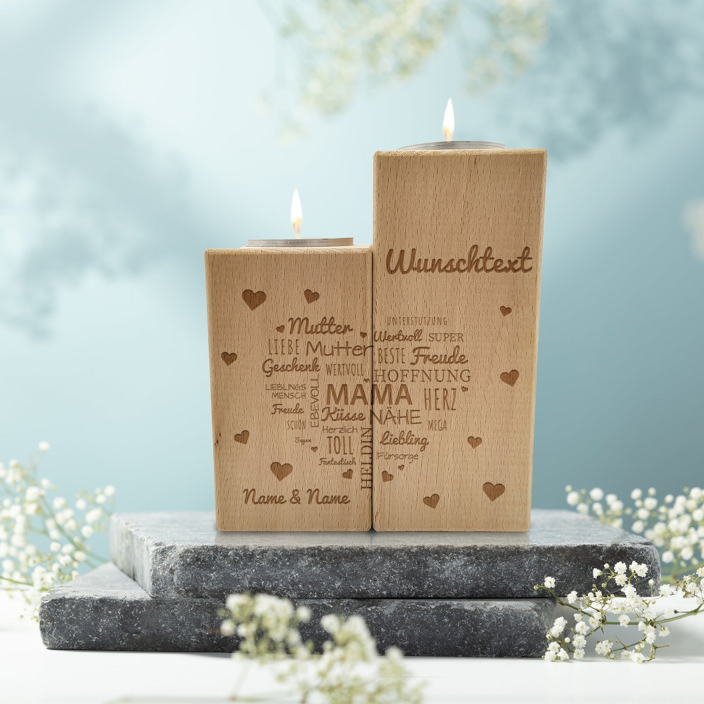 Teelichthalter-Set „Namensherz Mama“ – Motivdetail