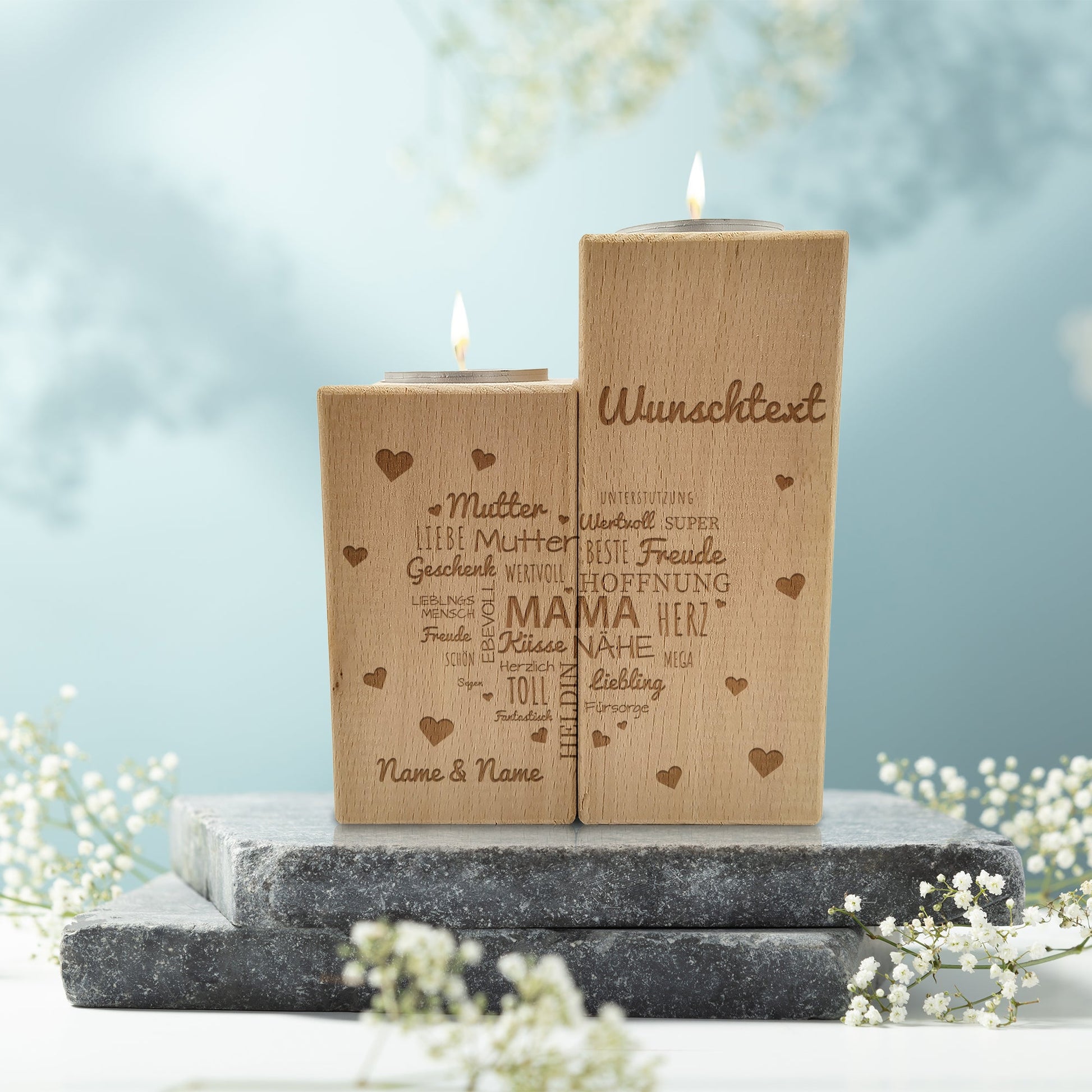 Teelichthalter-Set „Namensherz Mama“ – Motivdetail