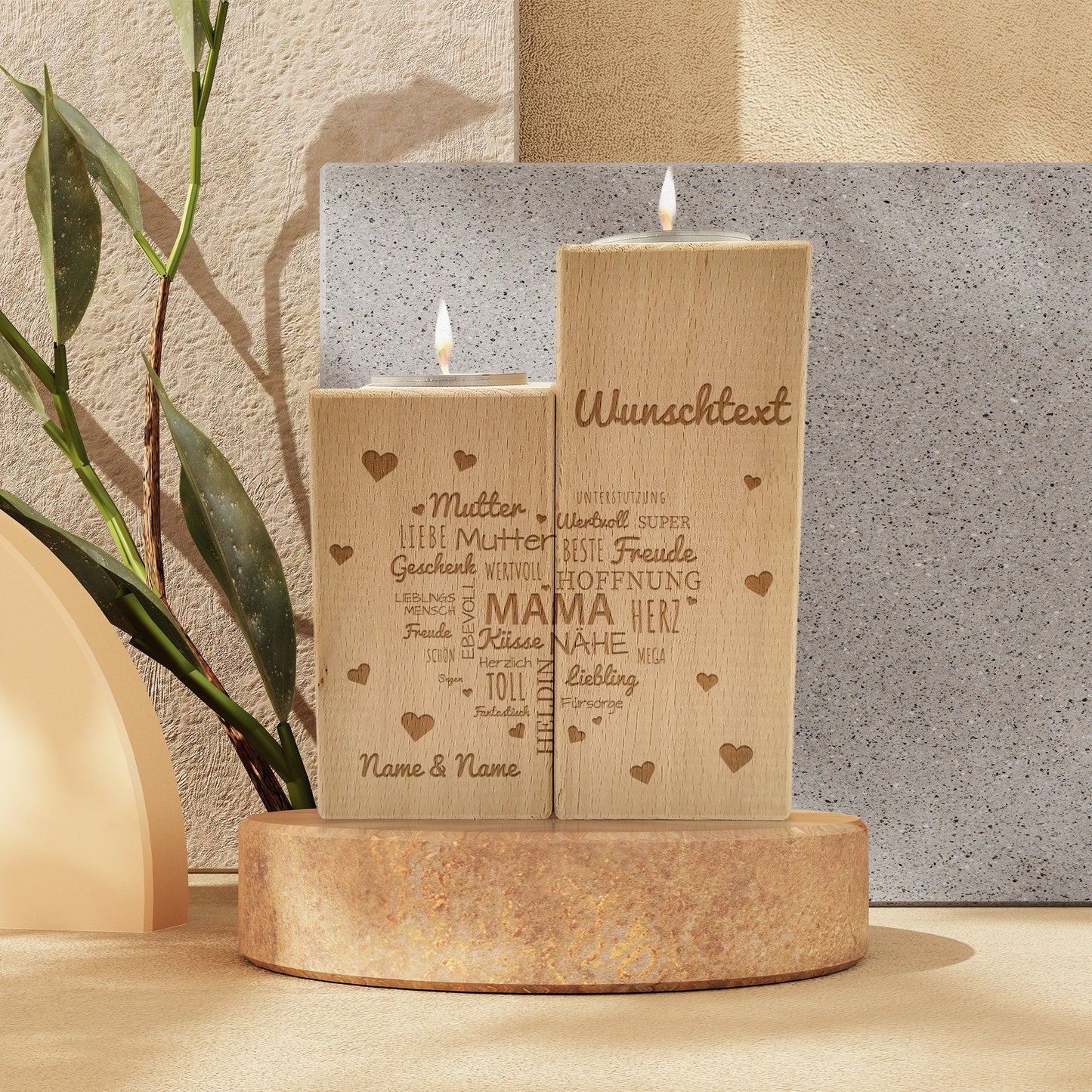 Personalisiertes Teelichthalter-Set „Namensherz Mama“ aus Holz – Hauptansicht