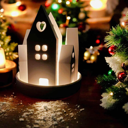 Set aus handgefertigten Aufsteckhäusern & Kerzenring – Exklusive Weihnachtsdeko - by SteinKunstWerk | HE aus nachhaltiger Herstellung