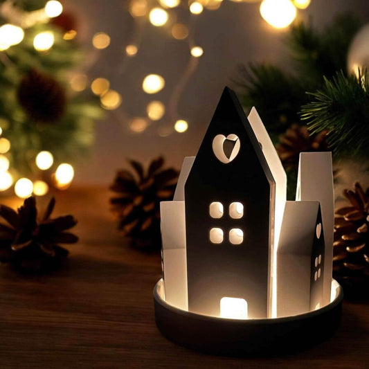 Set aus handgefertigten Aufsteckhäusern & Kerzenring – Exklusive Weihnachtsdeko - by SteinKunstWerk | HE aus nachhaltiger Herstellung