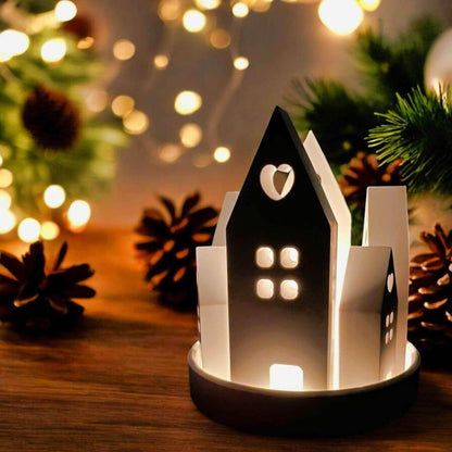 Set aus handgefertigten Aufsteckhäusern & Kerzenring – Exklusive Weihnachtsdeko - by SteinKunstWerk | HE aus nachhaltiger Herstellung