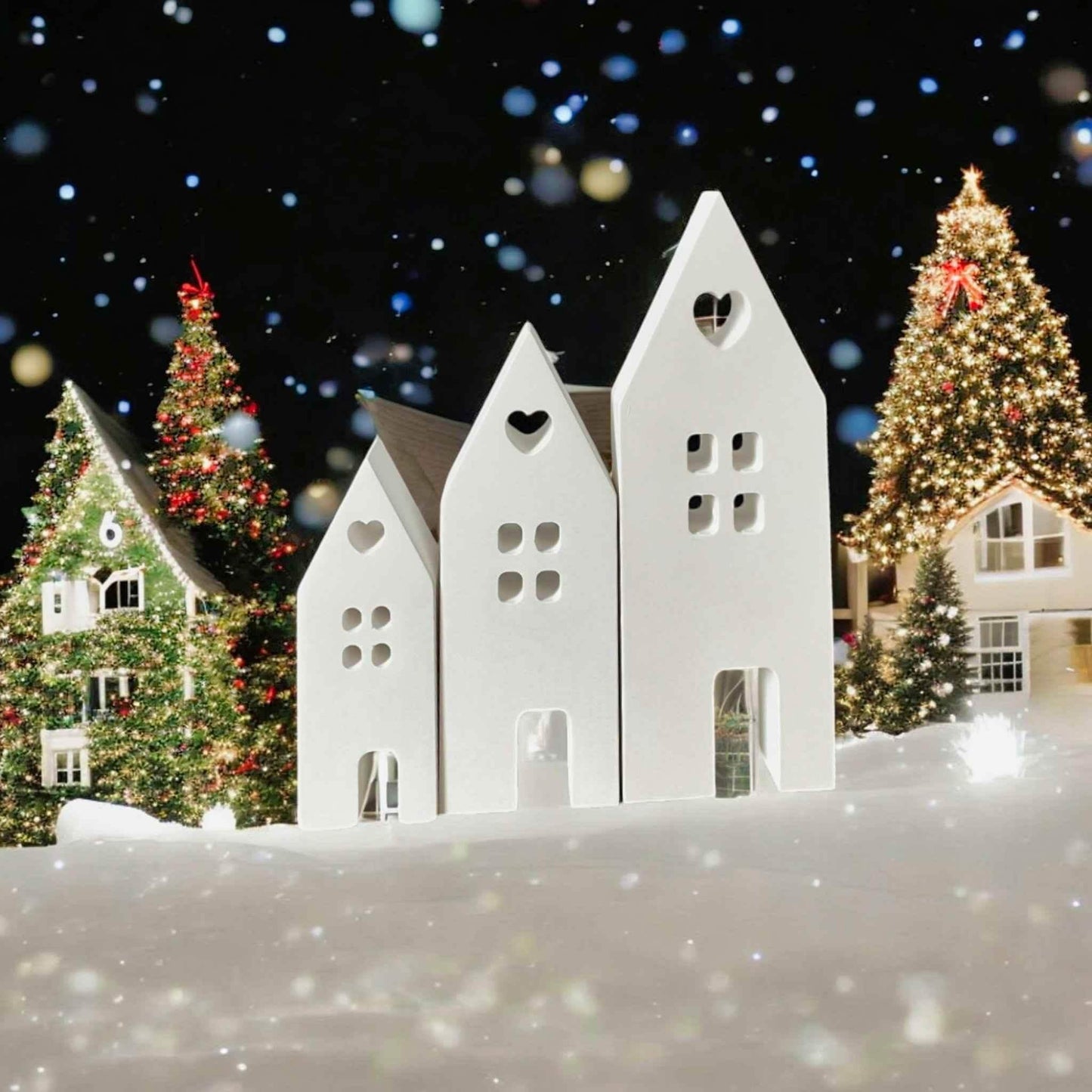 Set aus handgefertigten Aufsteckhäusern & Kerzenring – Exklusive Weihnachtsdeko - by SteinKunstWerk | HE aus nachhaltiger Herstellung
