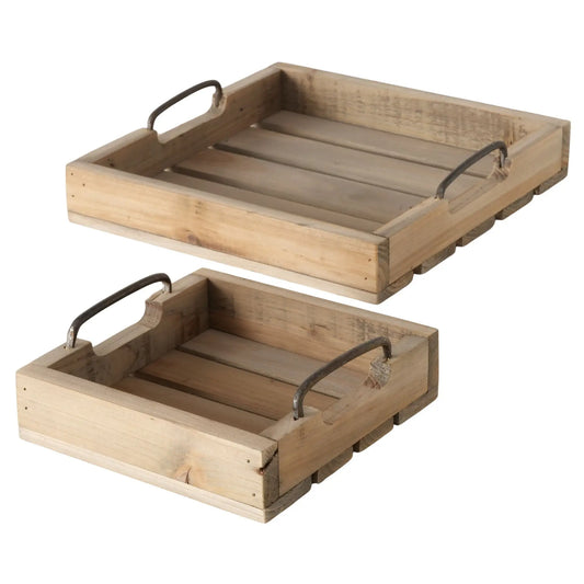 Zwei Dekotabletts aus Holz mit Metallgriffen in Graubraun