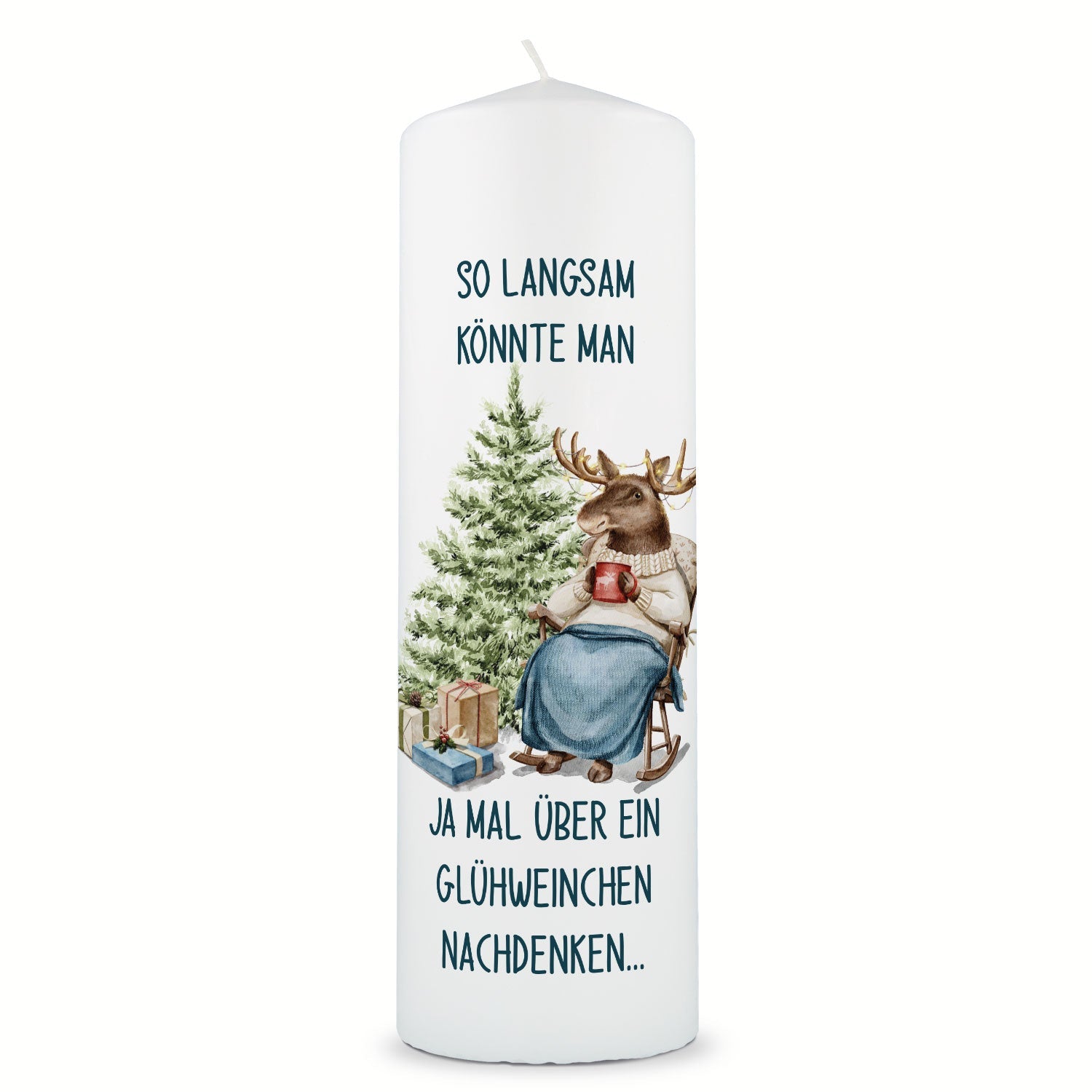 Personalisierte Weihnachtskerze „Glühwein Elch“ – Frontansicht der großen Stumpenkerze
