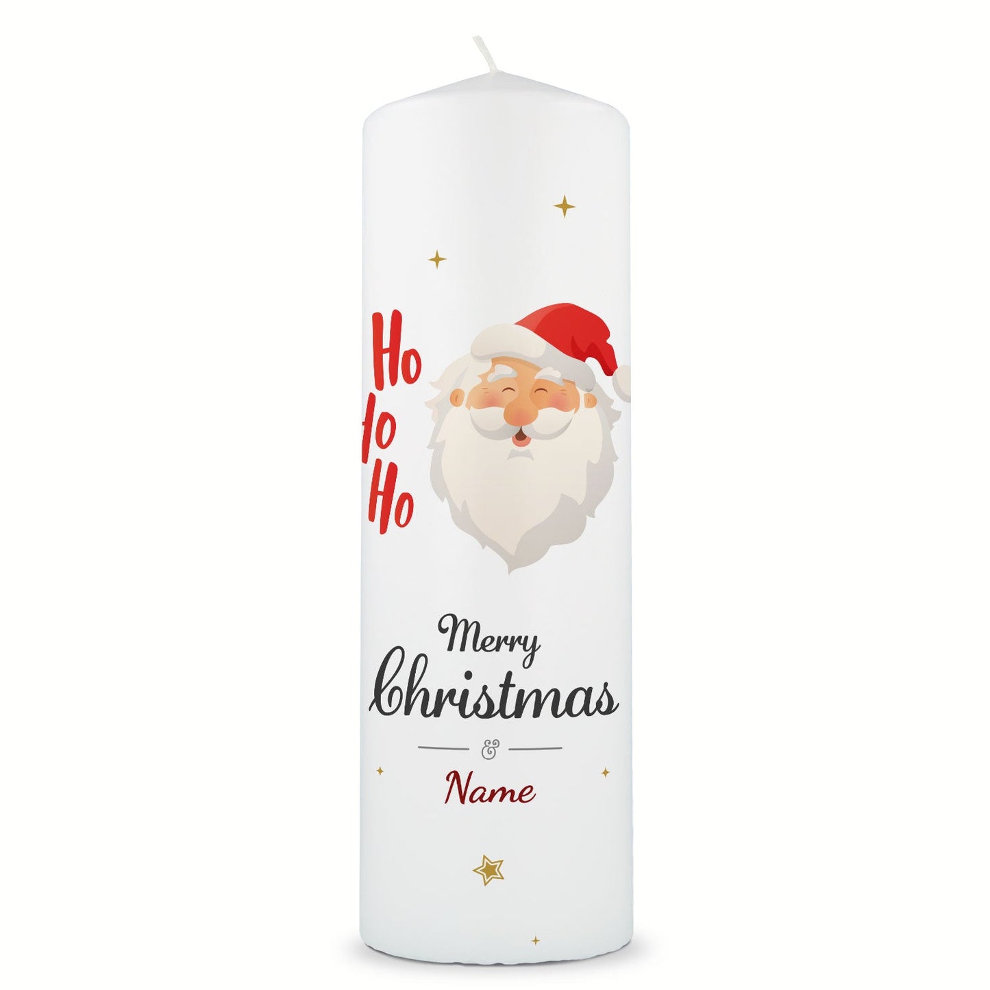 Personalisierte Weihnachtskerze „Ho Ho Ho“ – Frontansicht der großen Stumpenkerze