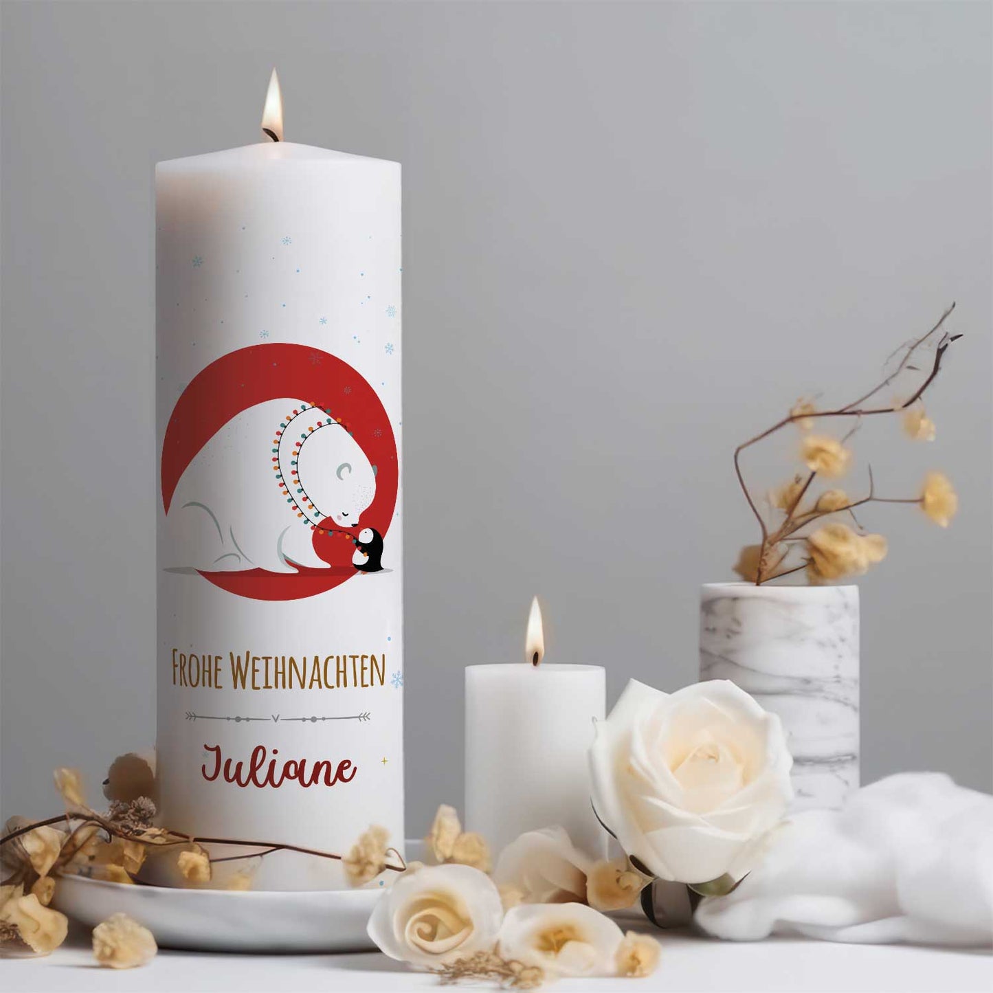 Personalisierte Weihnachtskerze „Eisbär & Pinguin“ – 25 cm