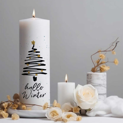 Weihnachtskerze „Hallo Winter“ – schlichte Produktansicht der großen Kerze