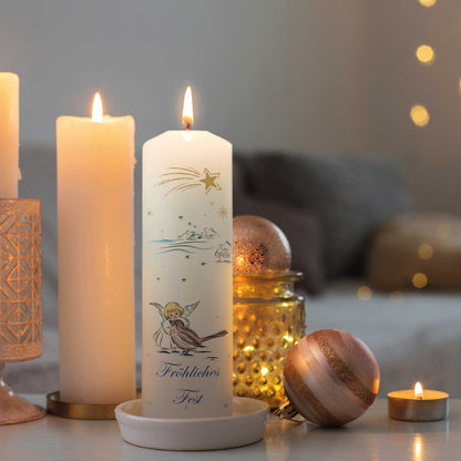 Personalisierte Weihnachtskerze „Engel & Schwalbe“ – Wunschtext