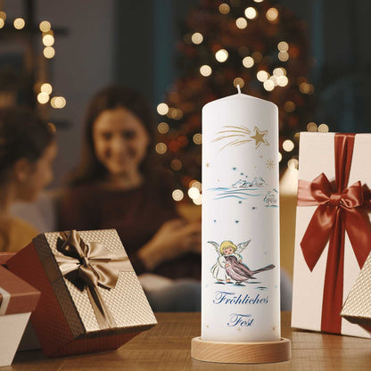 Personalisierte Weihnachtskerze Engel und Schwalbe mit Wunschtext