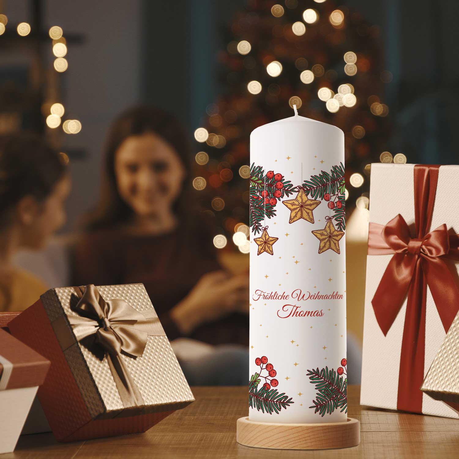 Personalisierte Weihnachtskerze Christmas Stars mit Name und Wunschtext