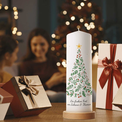 Personalisierte Weihnachtskerze mit Tannenbaum, Name und Wunschtext