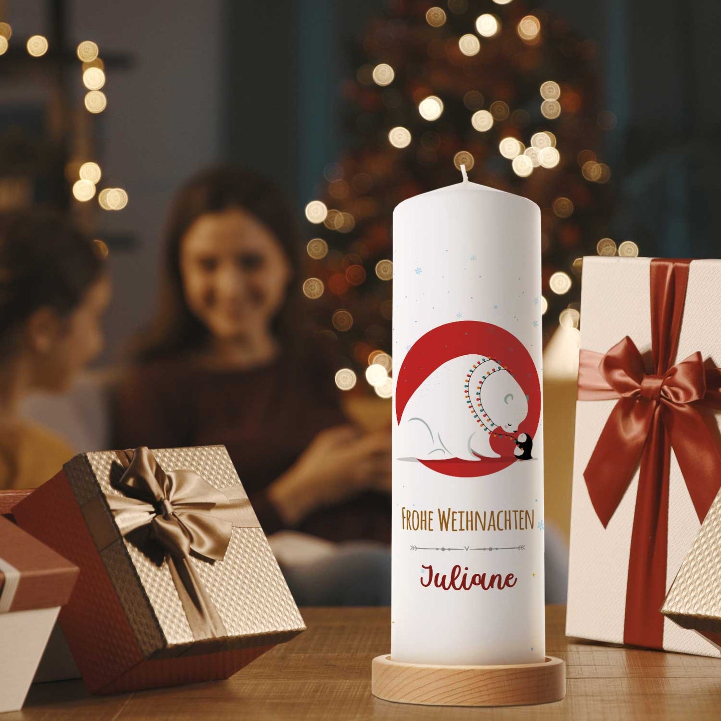 Personalisierte Weihnachtskerze „Eisbär & Pinguin“ – 25 cm
