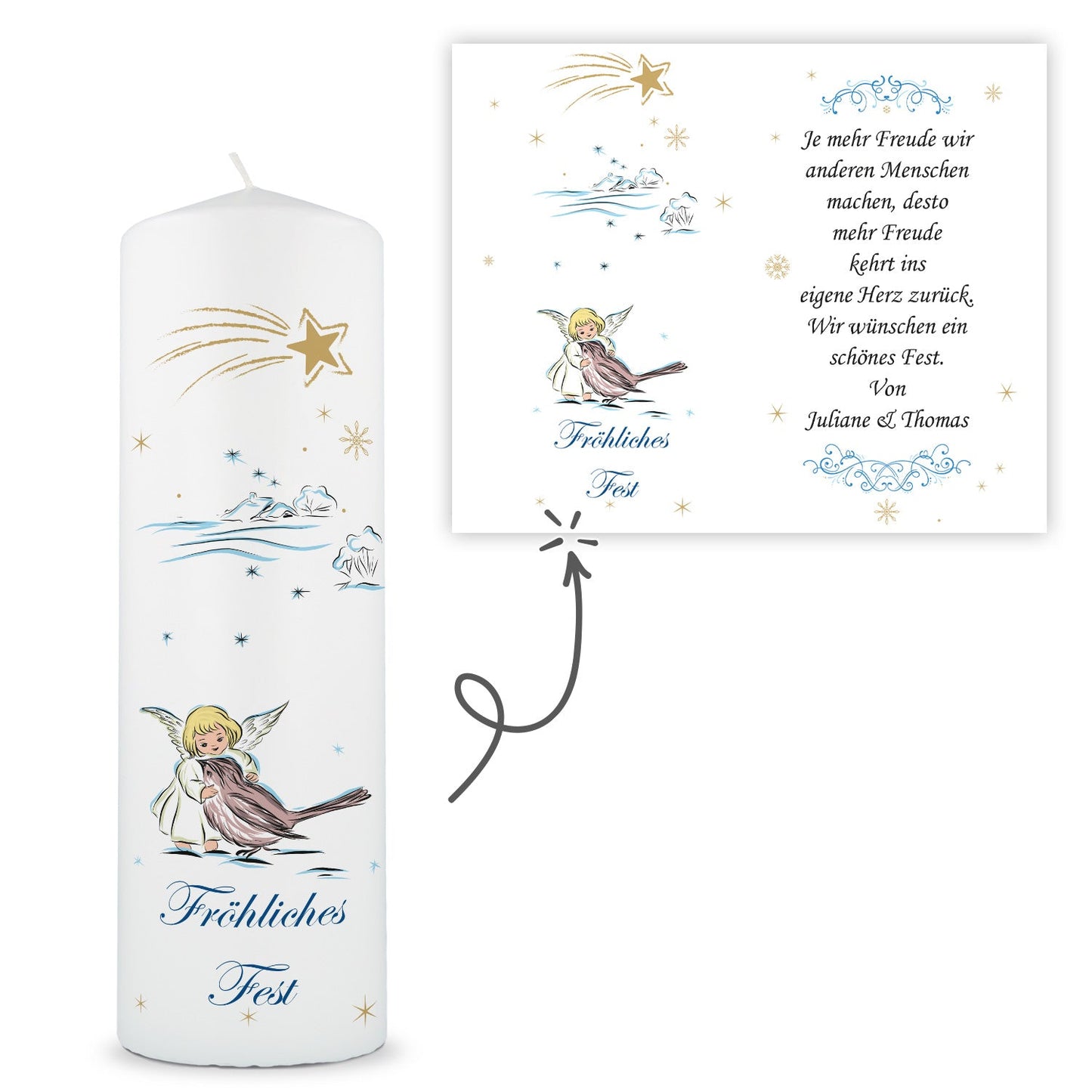 Personalisierte Weihnachtskerze „Engel & Schwalbe“ – Wunschtext
