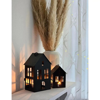 Laternenhaus-Set aus schwarzem Metall als moderne Weihnachts- und Wohnraumdeko